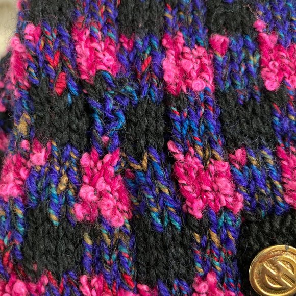 Emma Camusso Vintage Wool Chunky Knit Cardigan Pink Black Purple XL - Picture 14 of 14